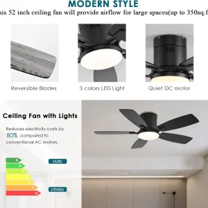 42 Inch Low Profile Ceiling Fans with Lights and Remote, Flush Mount Modern Ceiling Fan, 3 CC T DC Ceiling Fan for Bedroom, Living Room, Brushed Nickel