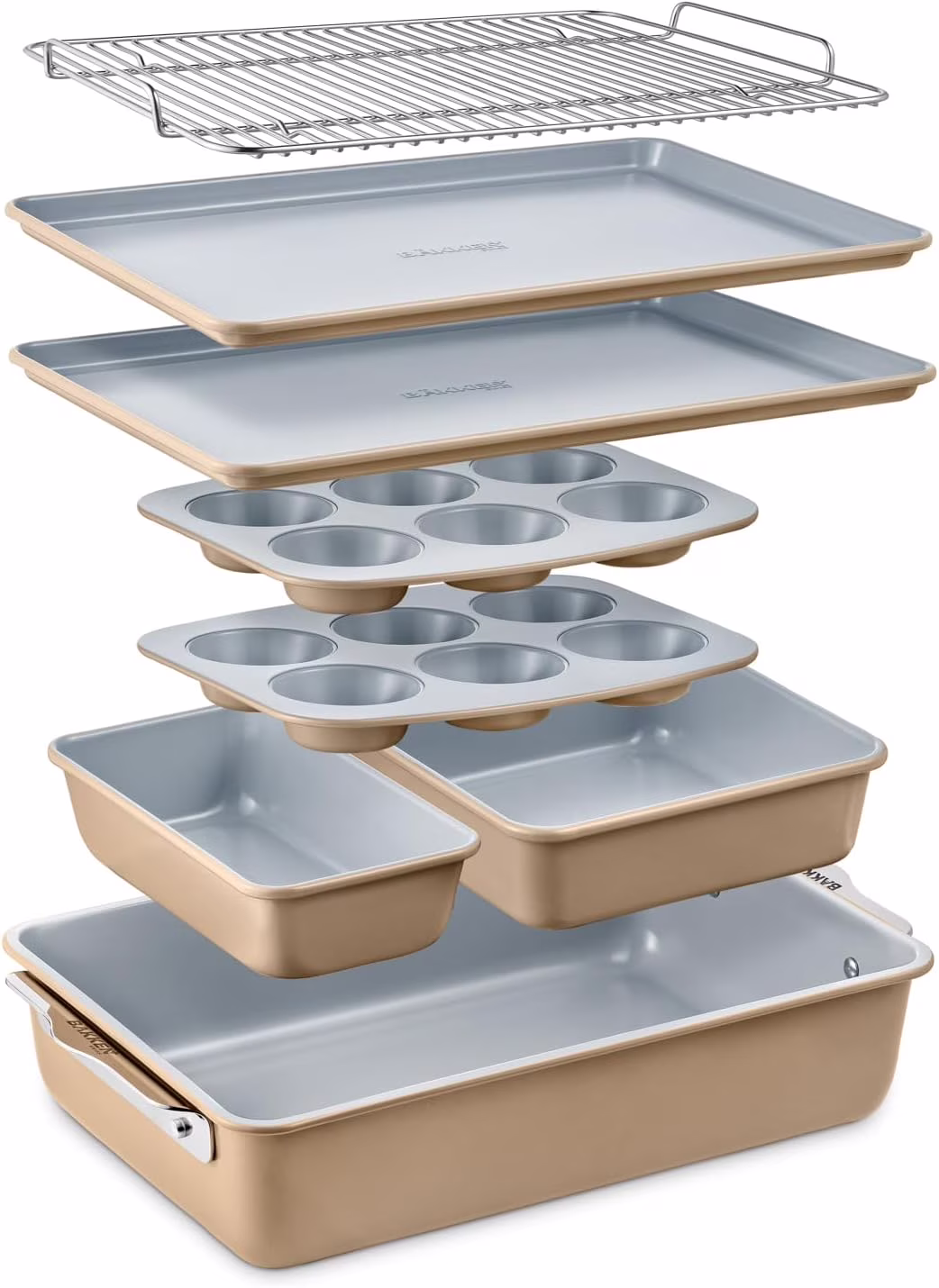 8-Piece Stackable Bakeware Set - Aluminized Steel with Ceramic Non-Stick Coating, Healthy Baking, Ergonomic Handles, Cooling Rack, Non-Toxic, Oven-Safe, Durable Quality