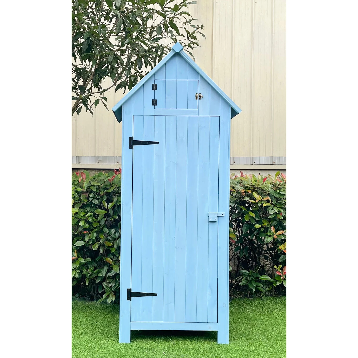 Hanover Sturdy Durable Waterproof Wood Outdoor Vertical Storage Shed, 70.40"x 30.30"x21.30", Blue