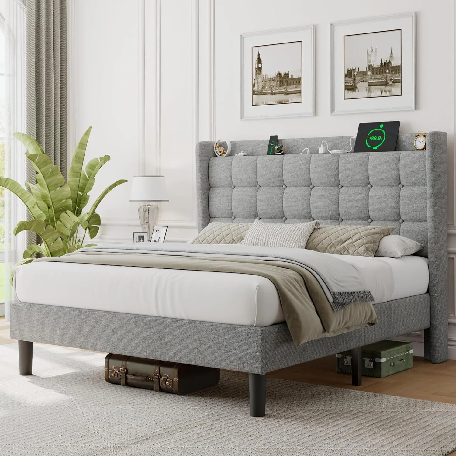 ipormis Full Size Bed Frame with Charging Station-Upholstered Platform Bed Frame with Wingback Storage Headboard, No Box Spring Needed,Light Grey