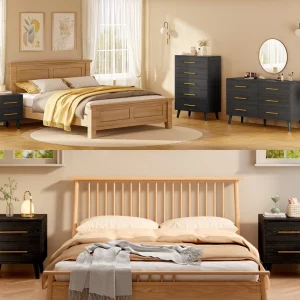 Bedroom Furniture Set - Includes Queen Bed Frame, Nightstands Set of 2, 5-Drawer Dresser & Double Wide 6-Drawer Dresser - Modern Storage Solution for Stylish Home Decor, Black