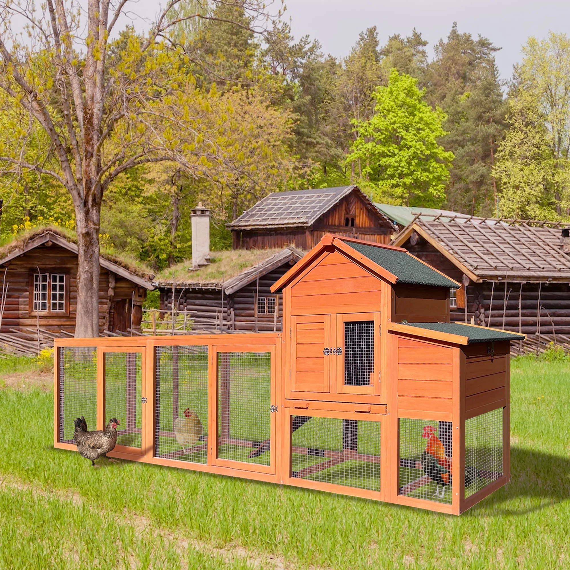 Pefilos 112" Large Rabbit Hutch Outdoor Wood Chicken Coop, Hen House with Nest Box, Wire Fence Poultry Cage, Orange