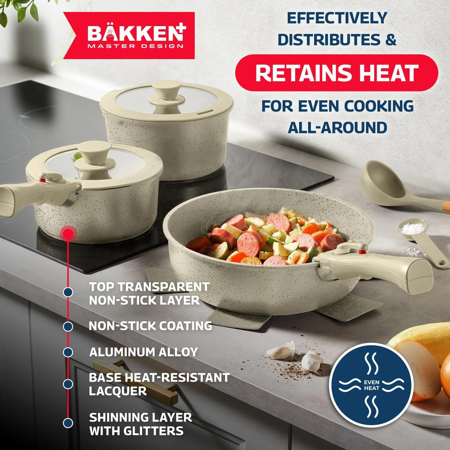 Bakken Master 38 Piece Granite Cookware and Bakeware Set -C Nonstick Granite Coating, Pots and Pans with Detachable Handles and Tempered Glass Lids, 6-piece Bakeware set, 12-piece Mixing Bowls,Brown