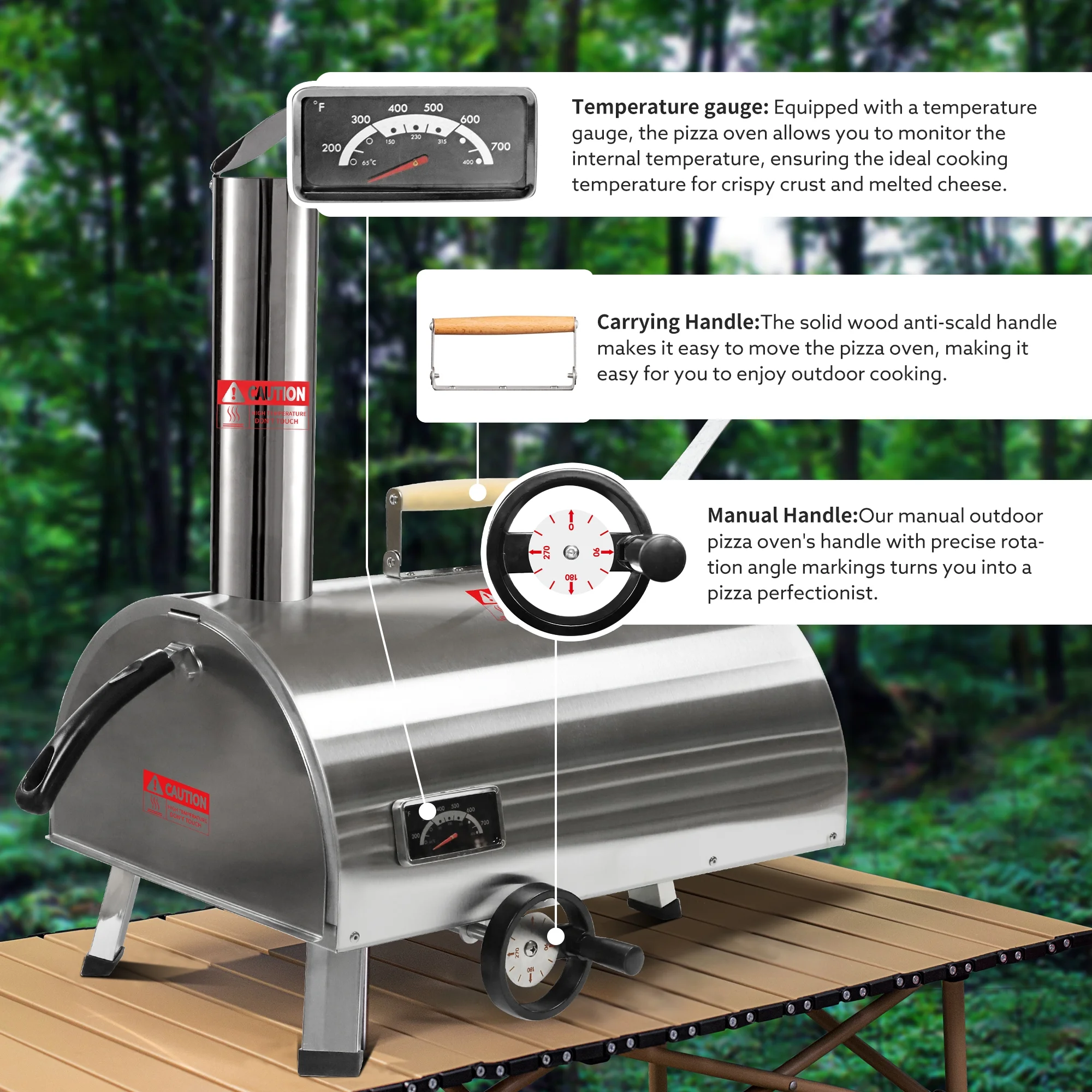 BBQ Utensils Silver Pizza Oven Outdoor 12" Semi-Automatic Rotatable Pizza Ovens Portable Stainless Steel Wood Fired Pizza Oven Pizza Maker with Built-in Thermometer Pizza Cutter Carry Bag,Outdoor Gri