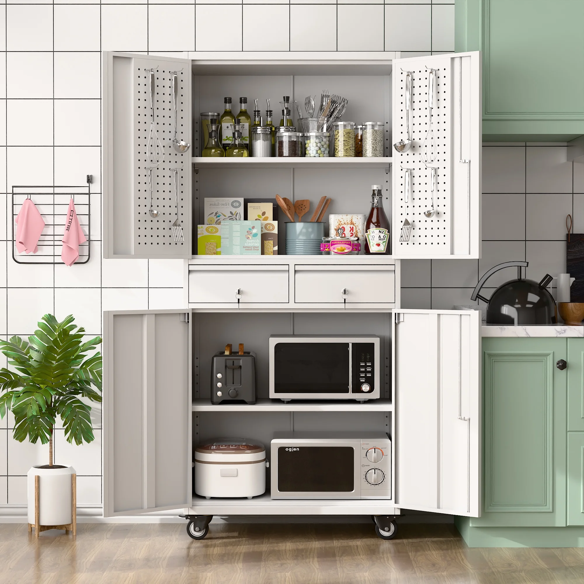 GangMei 71-Inch Metal Lockable Storage Cabinet with Pegboards and 5 adjustable shelves, White, Assembly Required