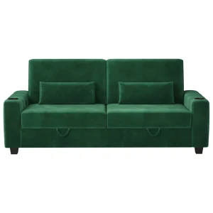 87-Large Loveseat Sofa, 3 Seater Couch with Storage, Velvet Fabric Deep Seat Sofa with Pillow& Cup Holders, Modern Comfy Sofa with USB& Type-C Ports, Home Sofa Couch for Living Room Bedroom