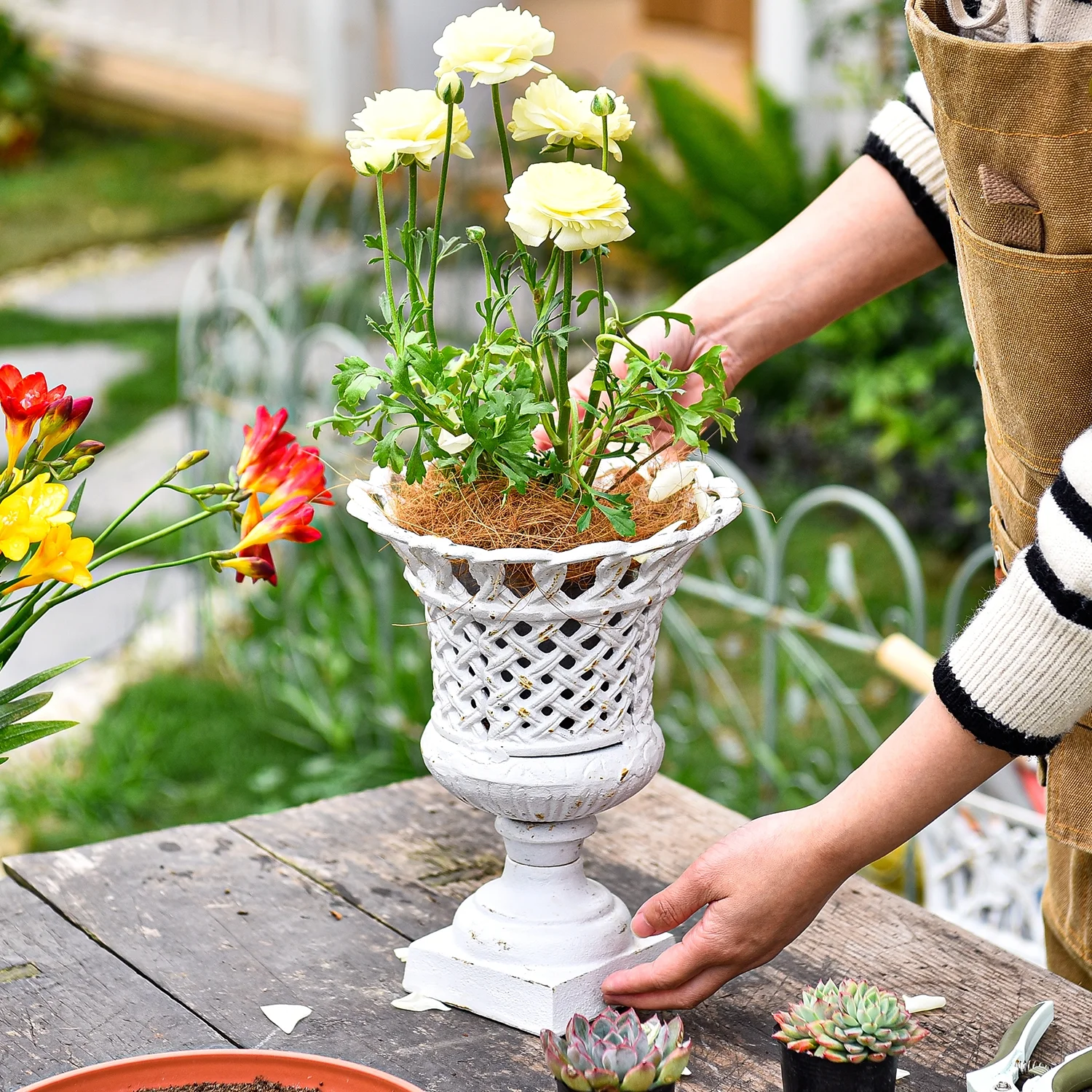 Sungmor Heavy Duty Cast Iron Urn Planter, Beautiful Hollow Trophy Design Tall Orchid Flower Pot, Large Decorative Plastic Flowers Plants Bouquets Vase, Rustic French Country Pot for Home or Garden