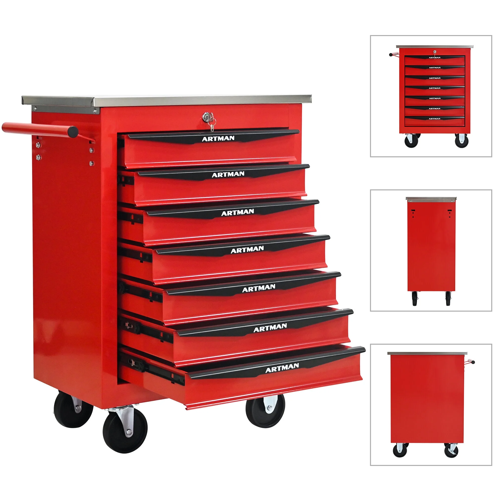 Tool Cabinets 4 Drawers Multifunctional Tool Cart with Wheels,Metal Rolling Tool Cart Storage for Garage Workshop Warehouse Repair Shop--With Stainless Steel Roof- Red&Black,Garage Tool Cabinets