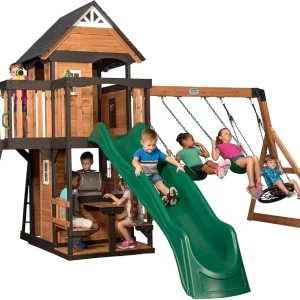 Backyard Discovery Canyon Creek Cedar Wood Swing Set with Wave Slide, Clubhouse, Play Kitchen, Picnic Area, Belt Swings, Web Swing, Rock Wall, Balconies, Playhouse, Step Ladder, Outdoor Playset