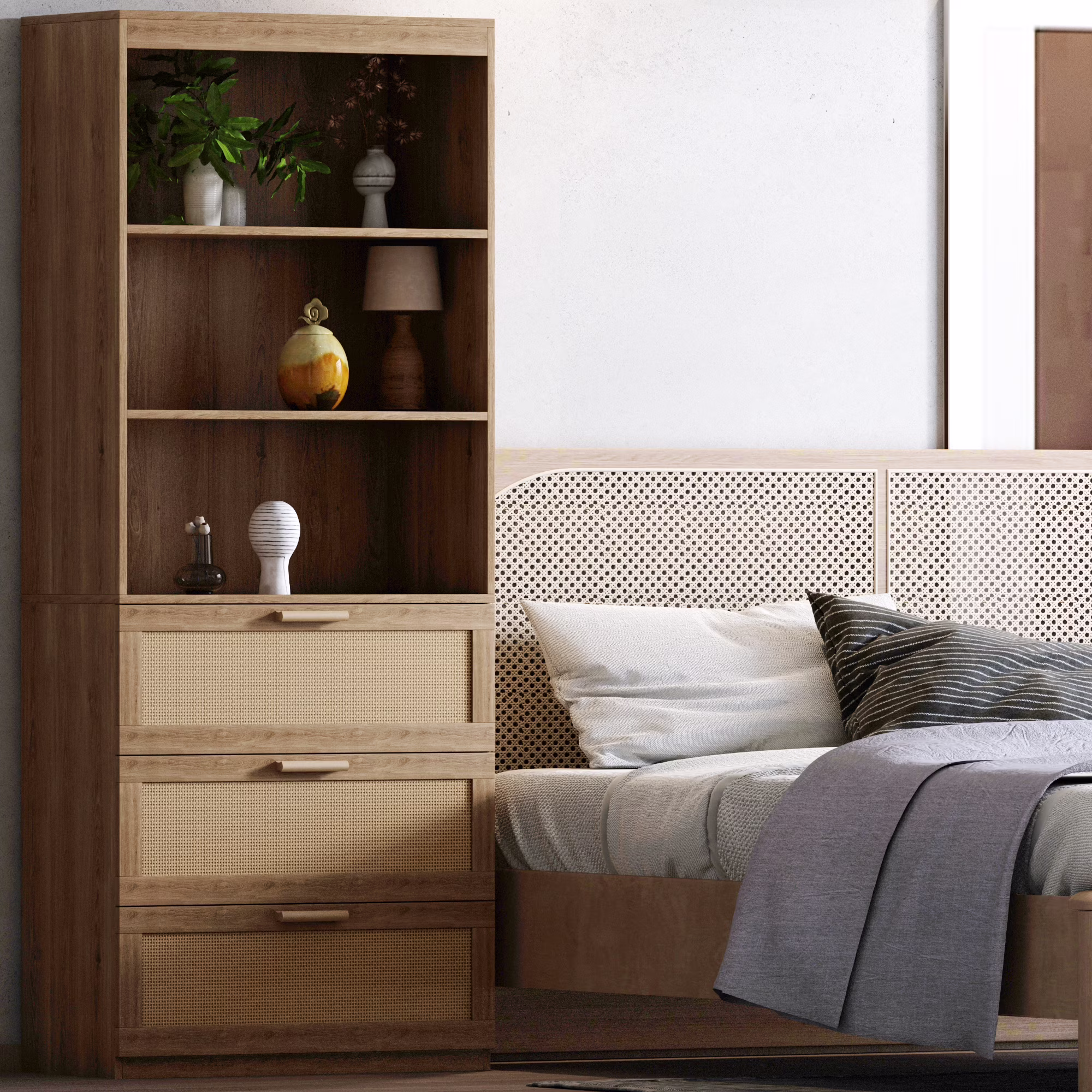 Zimtown Rattan 5-Shelf Bookcase with Drawer, 3 Tier Open Bookshelf with Storage Cabinet, Home Decor Furniture for Home Office, Living Room, Bedroom