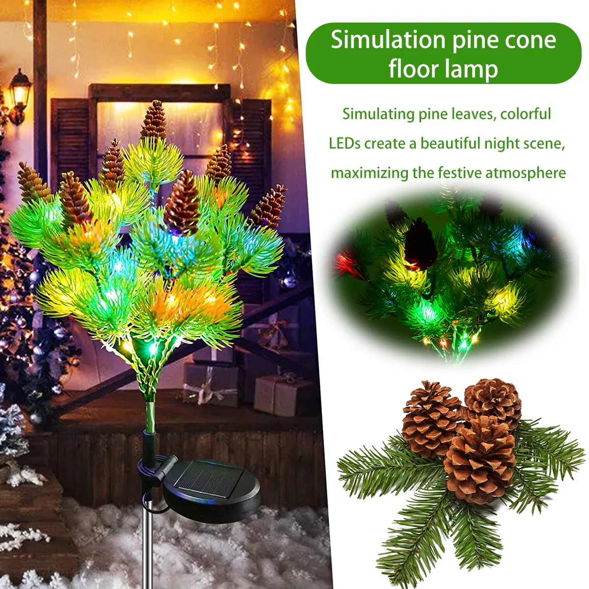 Motrke 4PCS Solar Flickering Pine Lights LED Solar Powered Christmas Tree Lights with Pine Cones Waterproof Multi Color Landscape Lights for Home Christmas Decoration