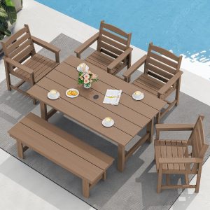 SERWALL 7-Piece Patio Table Set, Outdoor HDPE Dining Furniture with Umbrella Hole, All Weather Table and Chairs for Lawn, Garden, Poolside, Aruba