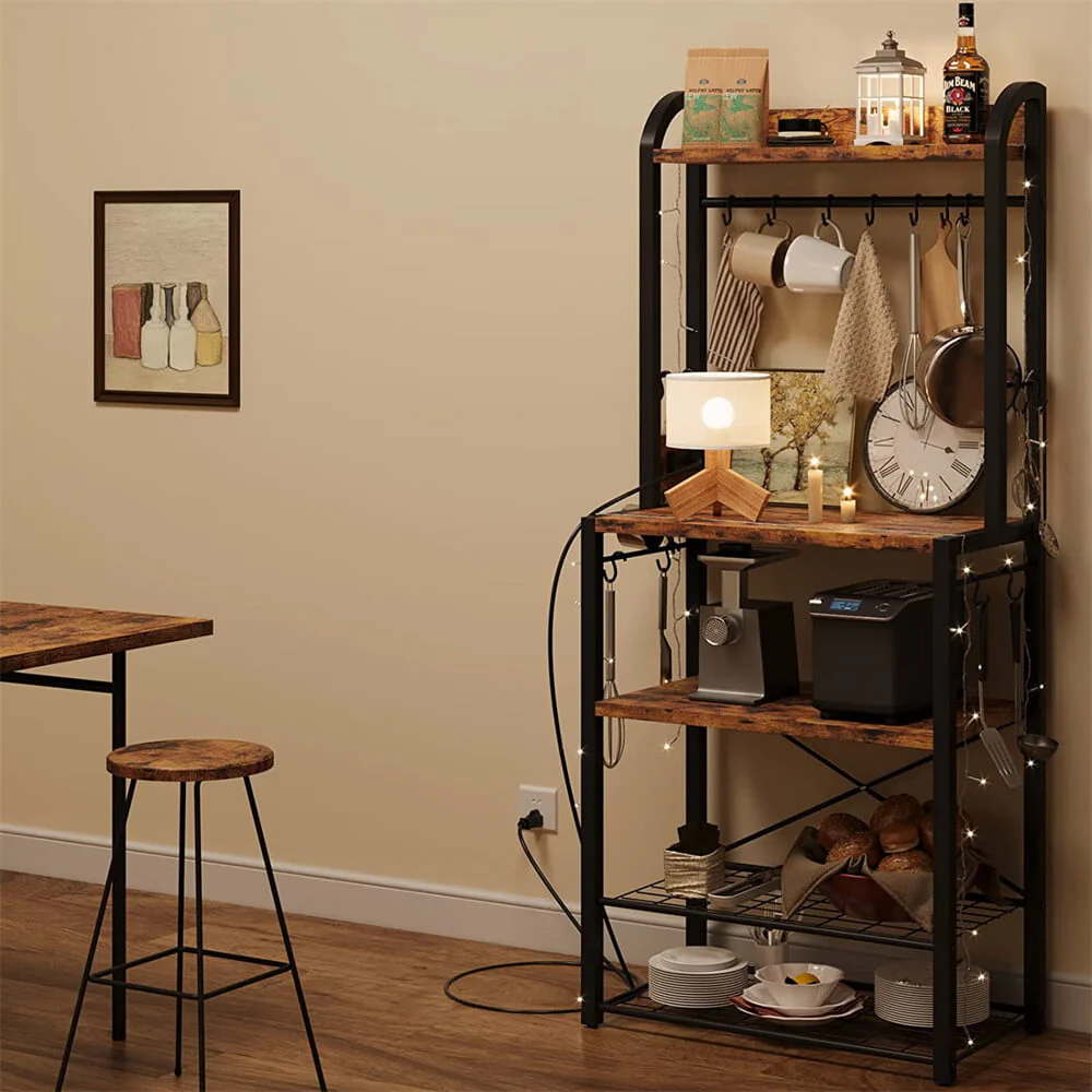 Zzistar Bakers Rack with Power Outlet, Microwave Stand Coffee Bar Table Station with Metal Wire Panel, Kitchen Storage Rack with 8 Hooks