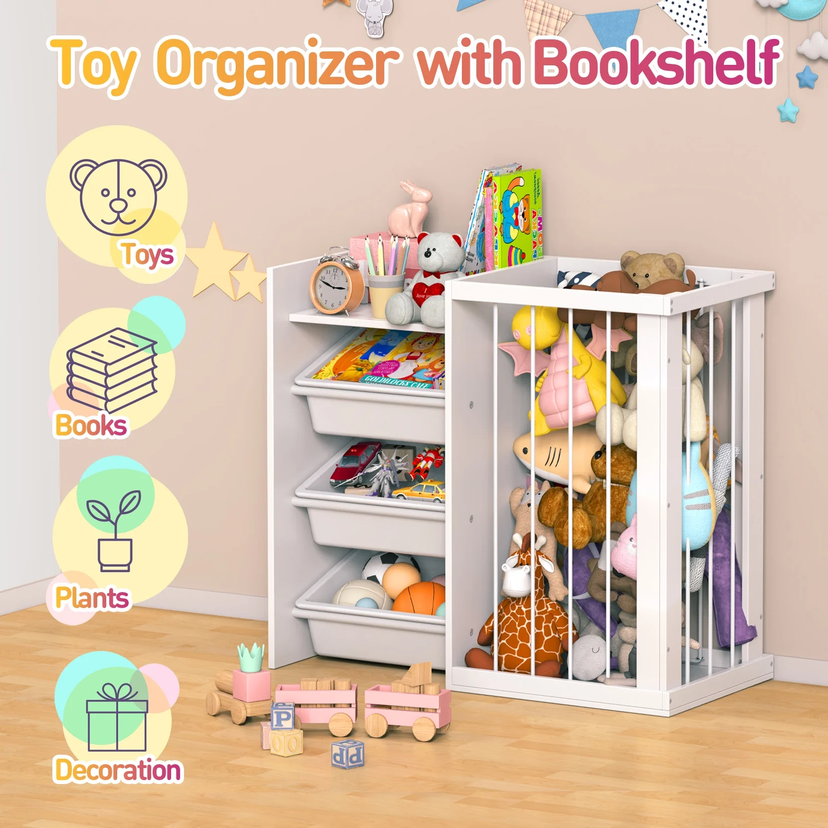 3-in-1 Kids Bookshelf and Stuffed Animal Storage with Corner Protectors , Can Fix it to The Wall, Durable Wood & Metal Storage for Bedroom & Playroom
