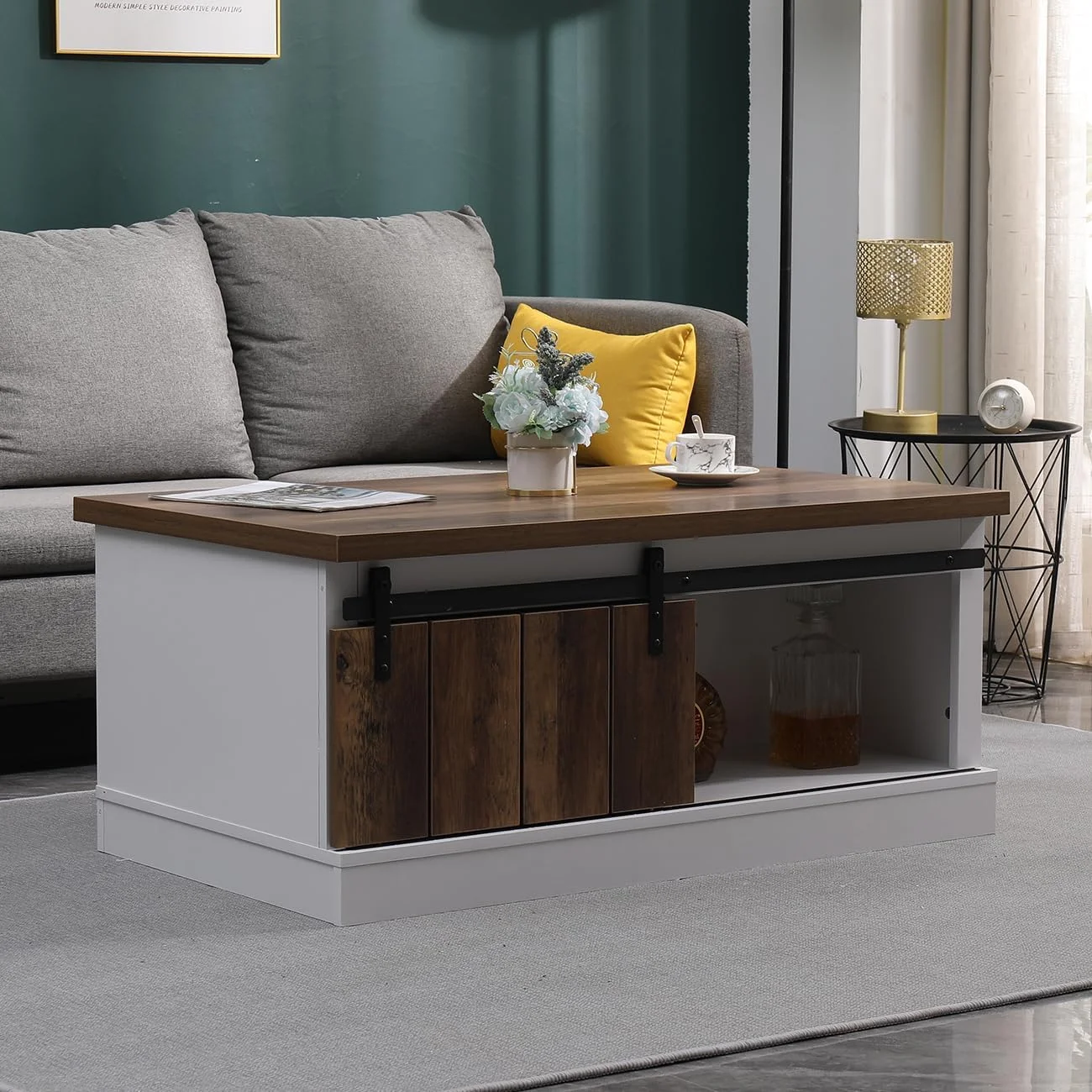 Ansley&HosHo Farmhouse Coffee Table with Sliding Barn Doors & Storage, Antique Wood Living Room Center Table, Rustic Industrial Cocktail Table for Bedroom Home Office, White+Dark Walnut