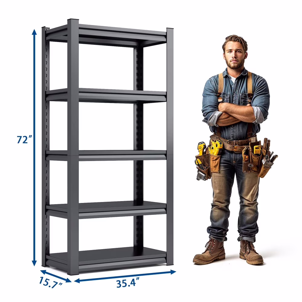 Black Heavy-Duty 5-Tier Metal Shelving Unit, 63"H with 2000LBS Capacity for Garage, Kitchen Storage -C Adjustable, Industrial Design