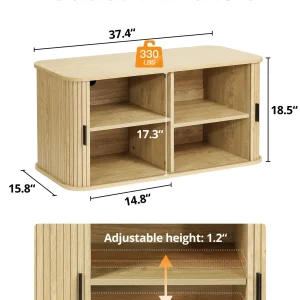 Putuo Decor Fluted Entryway Shoe Storage Bench with Adjustable Shelf, Shoe Rack Bench with Sliding Tambour Door for Living Room, Bedroom, Hallway, Walnut