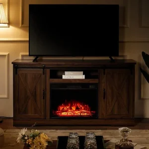 AMERLIFE Fireplace TV Stand with Sliding Barn Door for TVs up to 73", Farmhouse 63" Fireplace Entertainment Center with Storage Cabinets/Adjustable Shelves