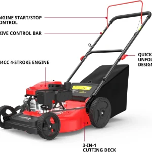 PowerSmart Gas Lawn Mower 21-Inch 144cc OHV Engine 3-in-1 Push Mower with Bagging