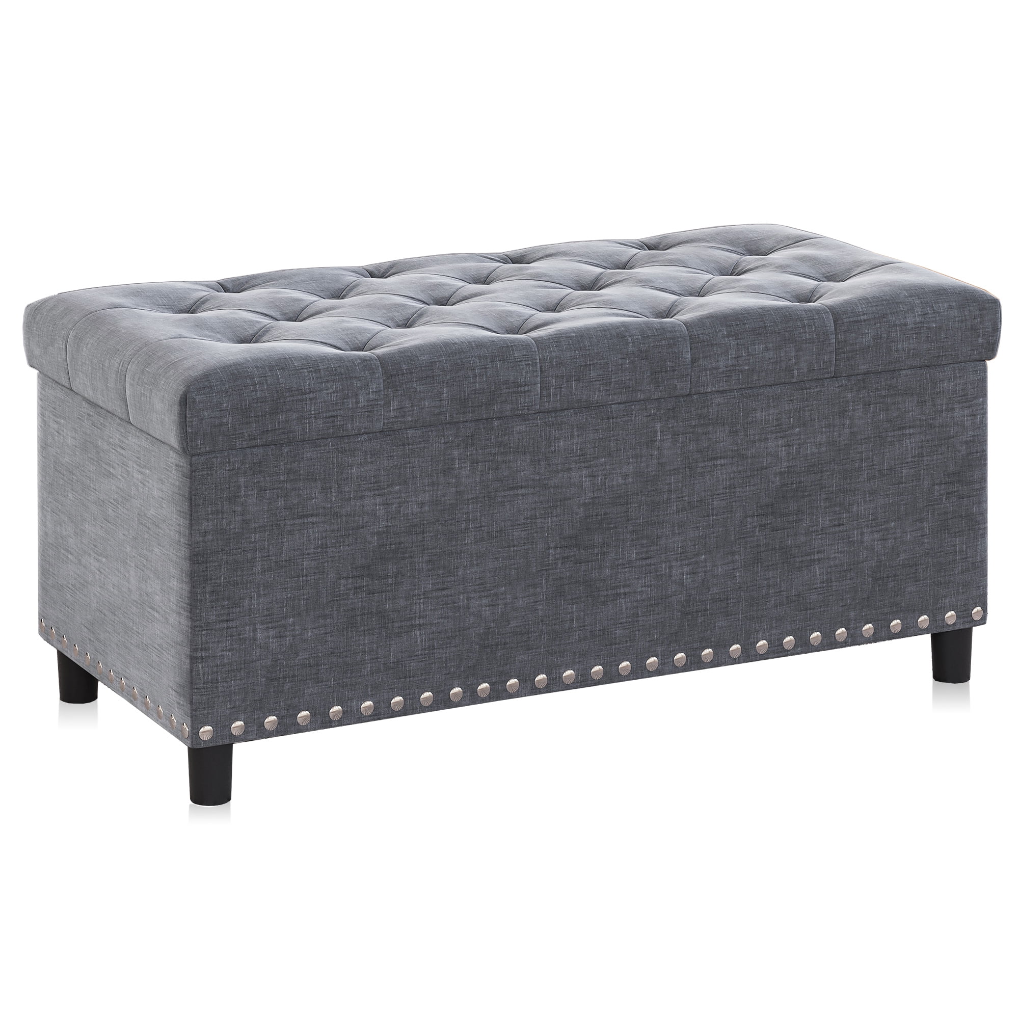 BELLEZE 35 Inch Storage Ottoman, Button-Tufted Ottoman Linen Storage Bench with Safety Close Hinge, Ottoman with Storage for Living Room, Entryway, Hallway, Foot Rest, Support 300lbs - Dark Grey