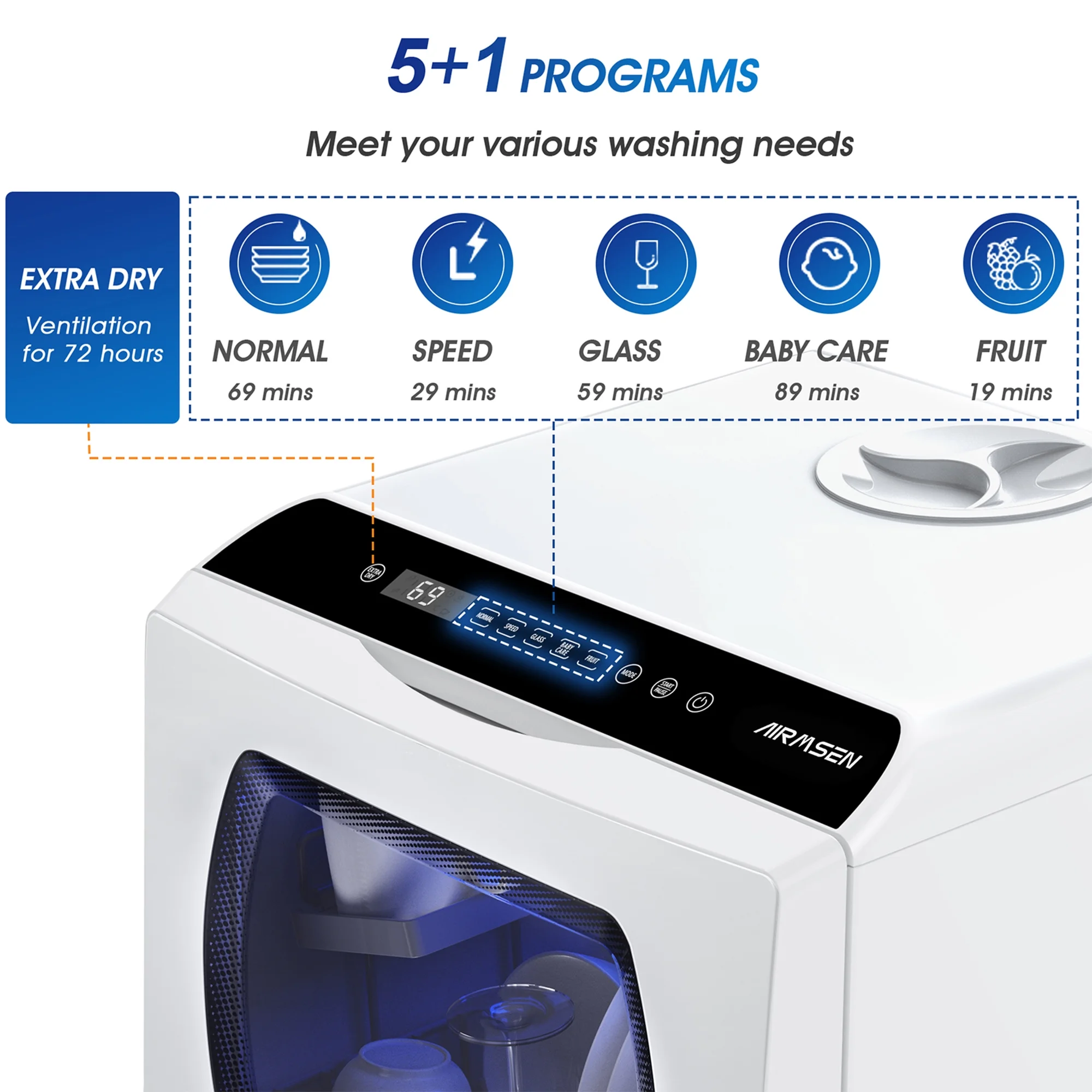 AIRMSEN Portable Countertop Dishwasher with 5 - Liter Built - in Water Tank and Air - Dry Function, 5 Washing Programs Mini Dishwasher, AE - TDQR03