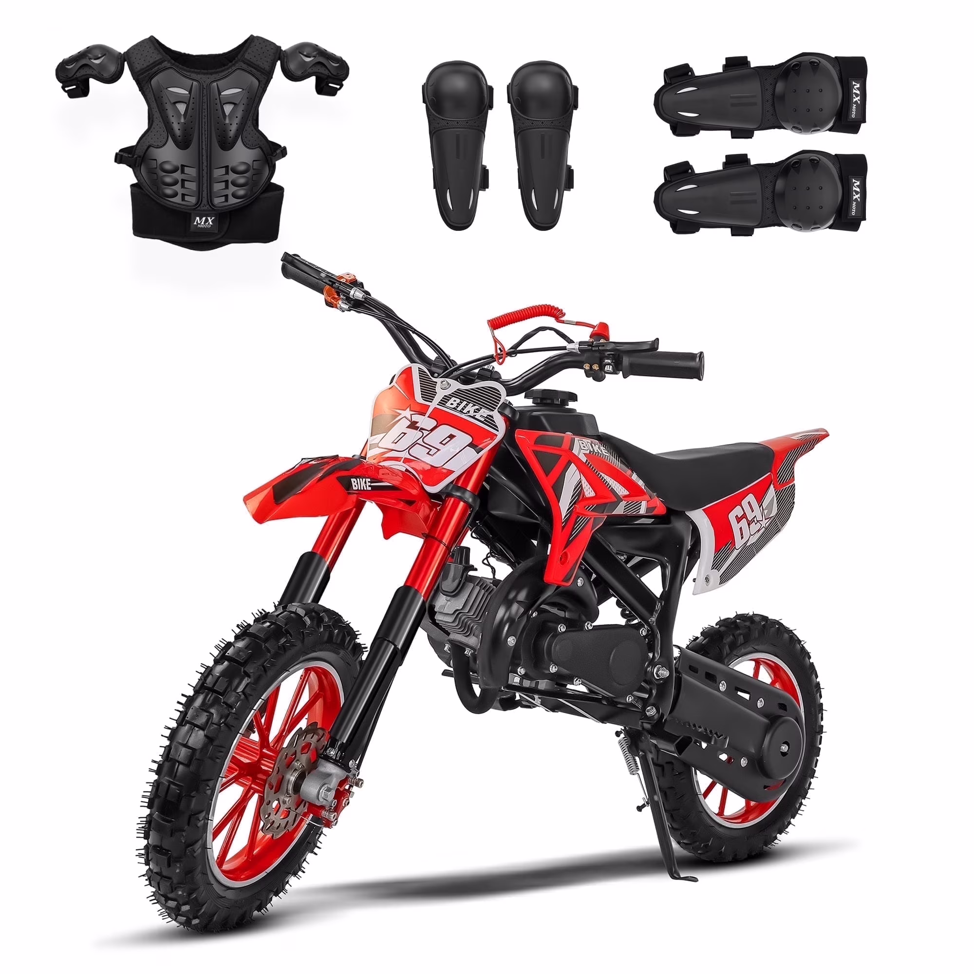 MX moto 49CC Kids Dirt Bicycle, 2-Stroke Gas Powered Off Road Motorcycle, Tire Shock Absorber Spring Soft Seat Cushion with Front and Rear Disc Brake, Max Speed 28 MPH