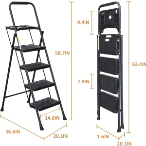 HBTower 4 Step Ladder with Handrails and Tool Bag, Folding Step Stool with Attachable  Anti-Slip Wide Pedal, Black