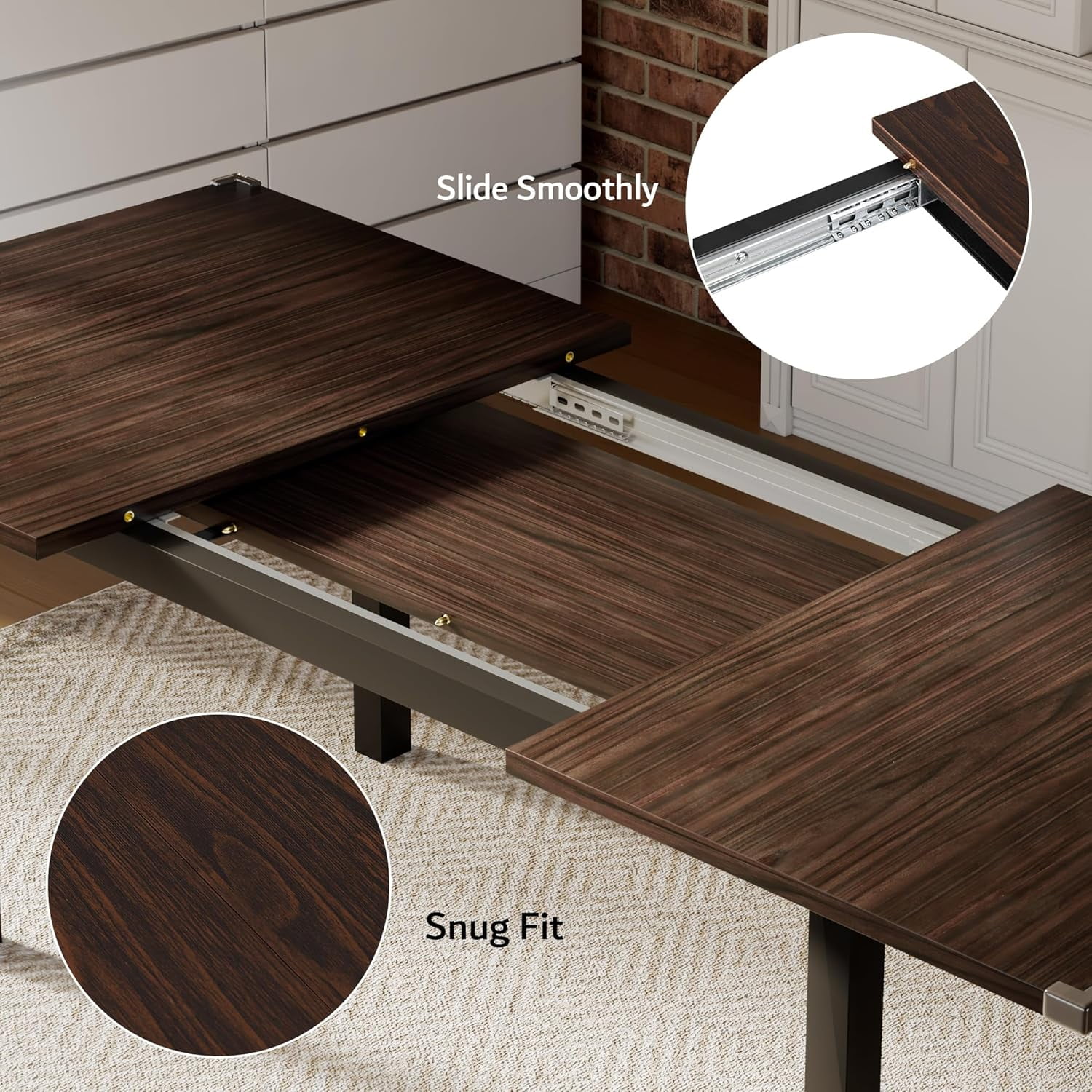 iPormis 63" Extendable Dining Table for 4-8, Square Wooden Dining Room Table with Metal Base, Modern Extendable Table for Small Kitchens, Dining Office Areas, Black
