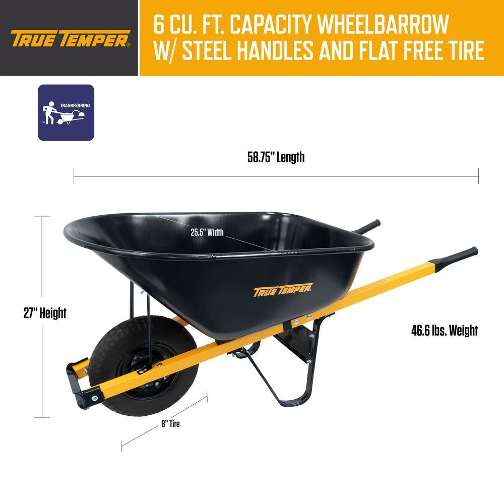 2025 True Temper R6STFFEC 6 cu. ft. Barrow in a Box Steel Wheelbarrow with Never Flat Tire and Steel Handles