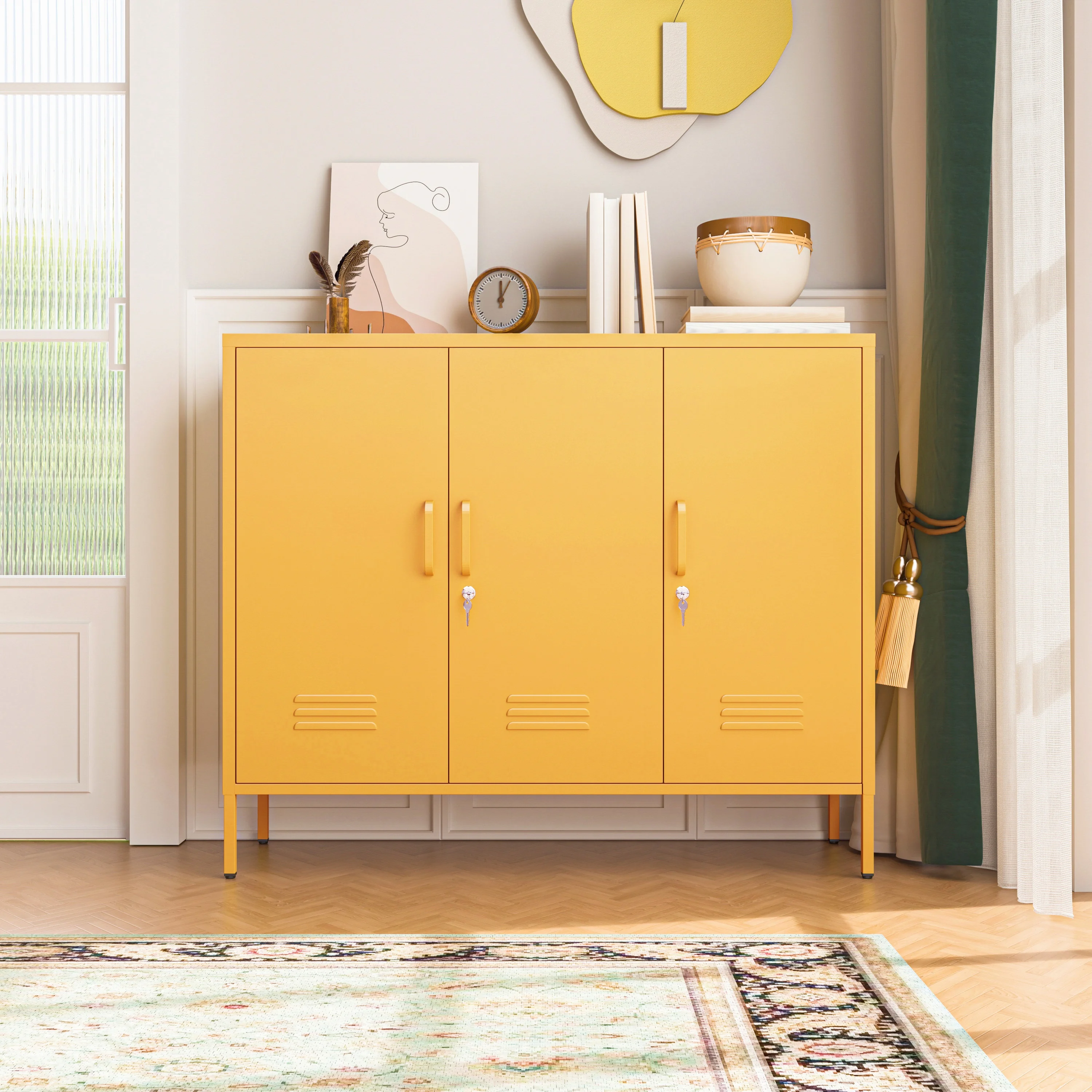 33 Inch Glass And Metal Storage Cabinet Adjustable Shelves 2 Door Lockable Lockers 3 Layer Multipurpose Lockers Laundry Room Or Utility Room Cabinet Home Purple Size- 33"H X 29.5"W X 13.8"D