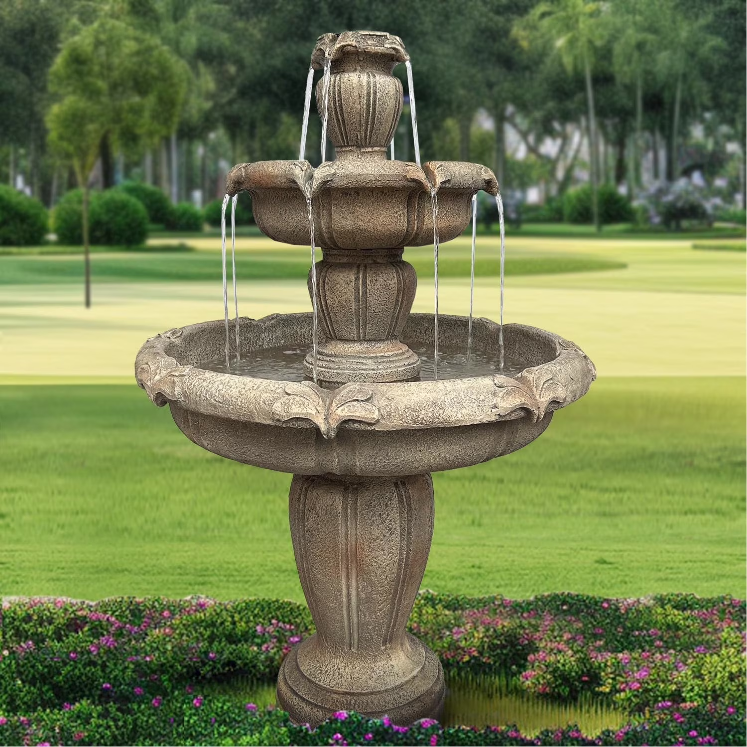 48-?H Outdoor Floor Water Fountain, 3-Tiers Concrete Water Fountain with Submersible Electric Pump - Garden Cascading Waterfall for Yard Patio Lawn Home Decor