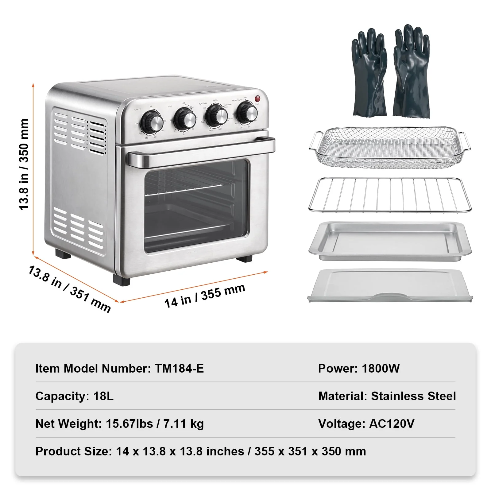 BENTISM 7-IN-1 Air Fryer Toaster Oven Convection Oven Countertop Stainless Steel 18L 1800W