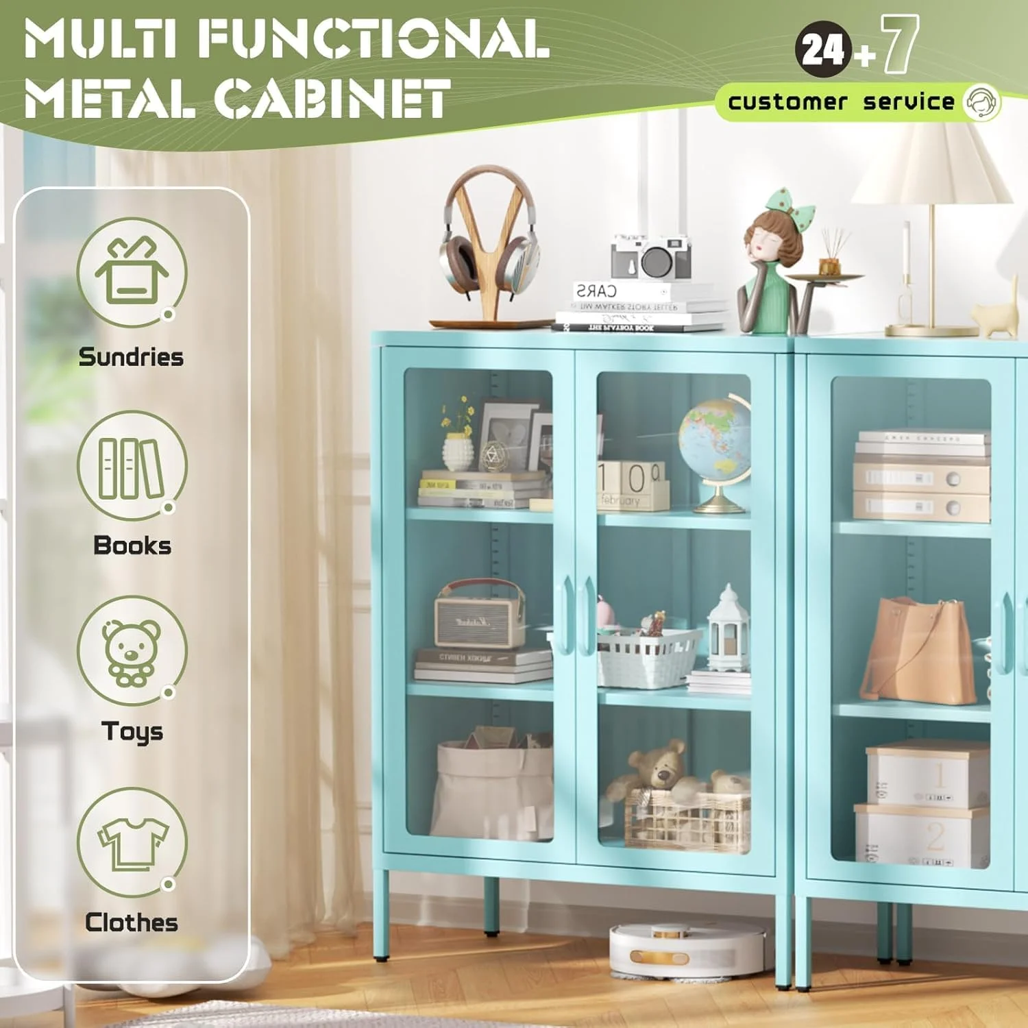 SUNCROWN Metal Storage Cabinet, Curio Display Cabinet with 2 Glass Display Door and 4 Shelves, Side Storage Organize, Modern Bookshelf Cabinet for livingroom, Bedroom, Kitchen, Black