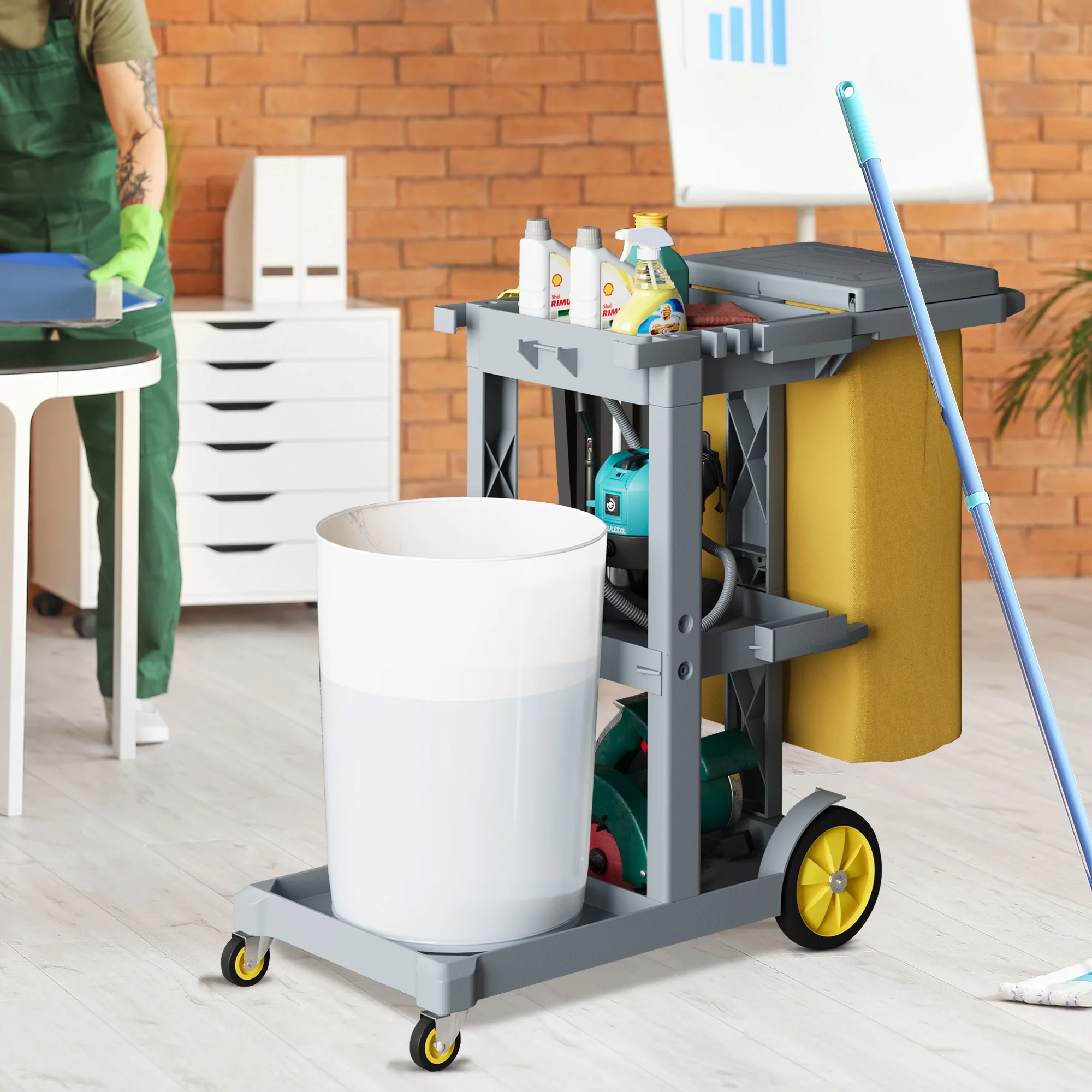 Dextrus Commercial Janitorial Trolley Cleaning Cart, 25 Gallon Capacity with Cover, for Housekeeping & Facility Maintenance, Black