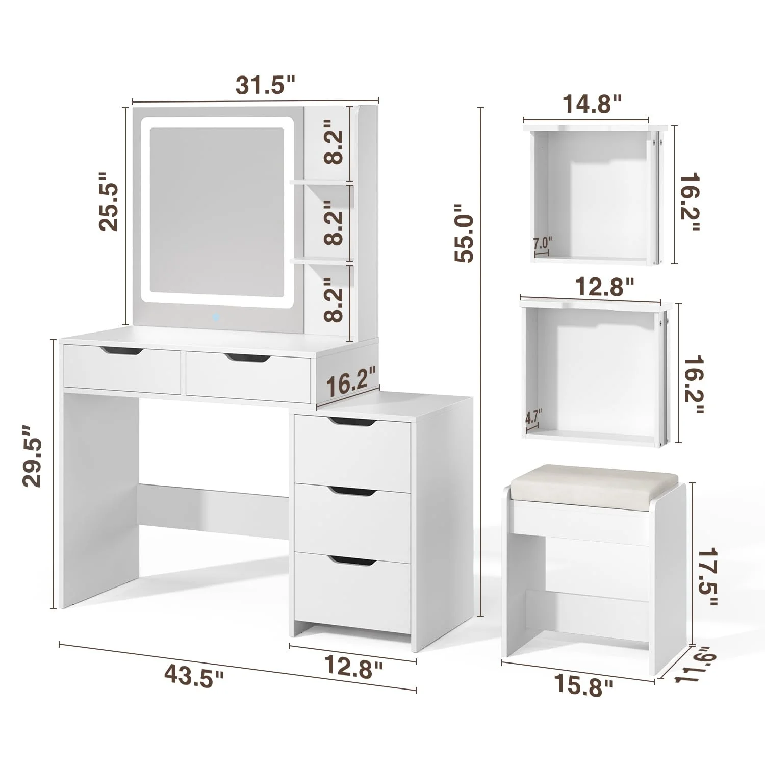 Bedroom Furniture Set - Includes Queen Bed Frame, Nightstands Set of 2, 5-Drawer Dresser & Vanity Desk - Modern Storage Solution for Stylish Home Decor, Beige/White
