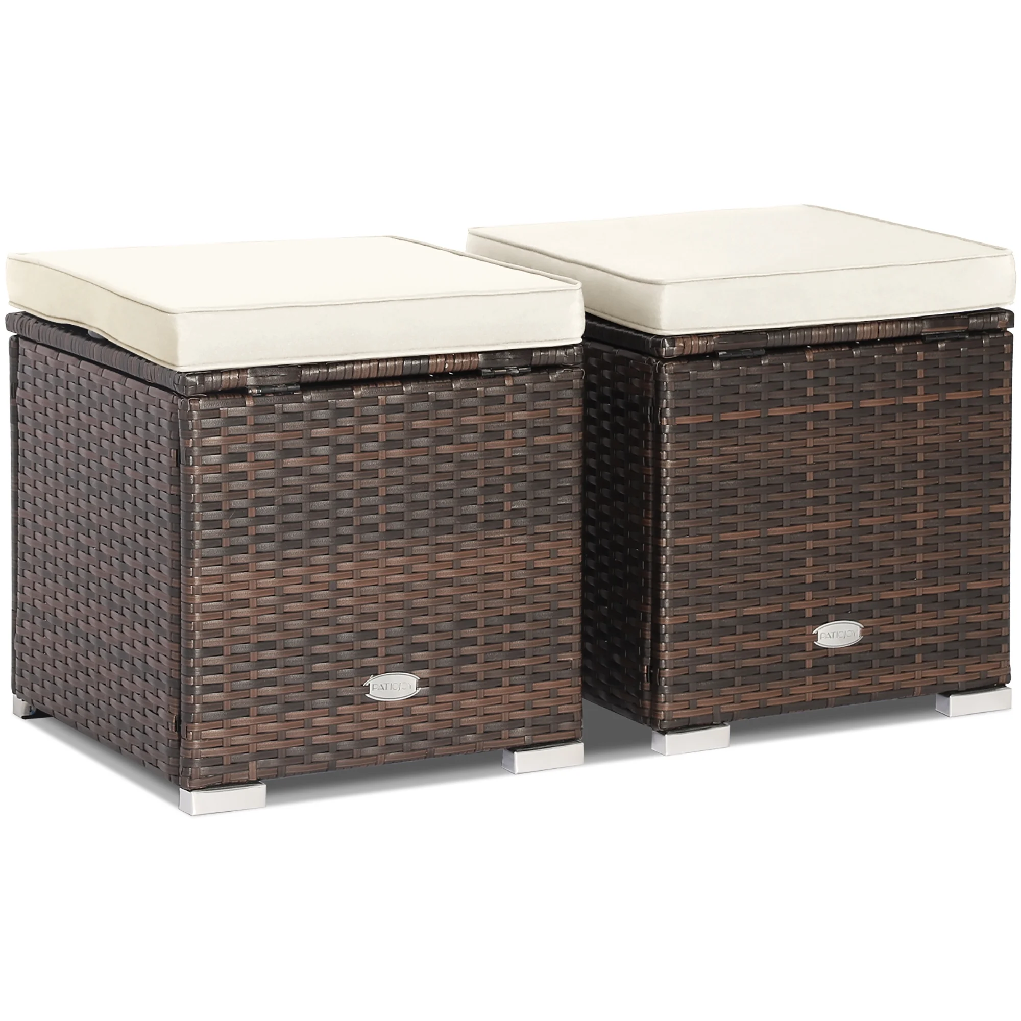 Costway 2PC Patio Rattan Ottoman Seat Side Table Storage Box Footrest Off White