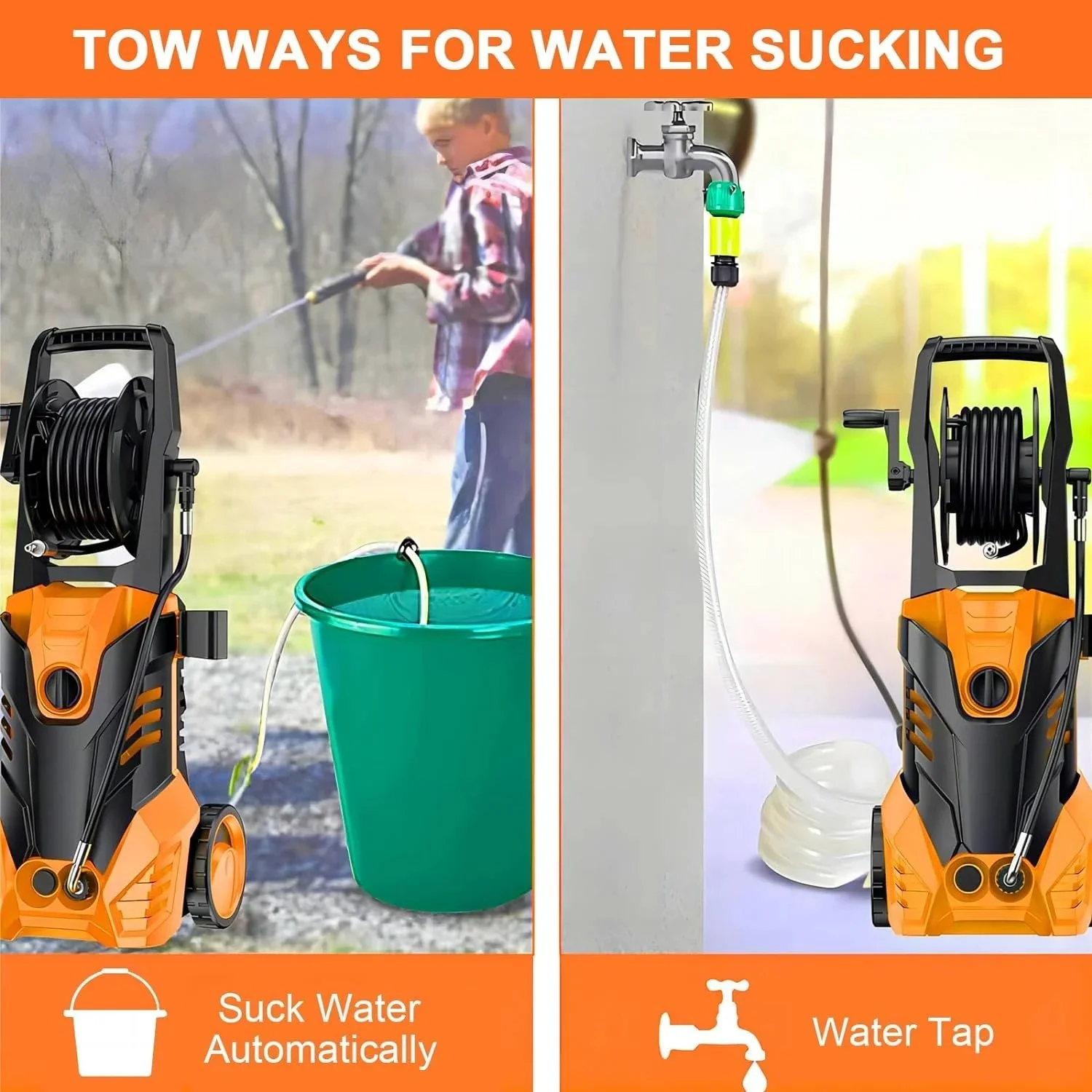 Electric Pressure Washer, 3800PSI 2.6 GPM Power Washer Machine with Hose Reel,4 Quick Connect Nozzles, Foam Cannon, for Cars, Patios, and Floor Cleaning,Orange