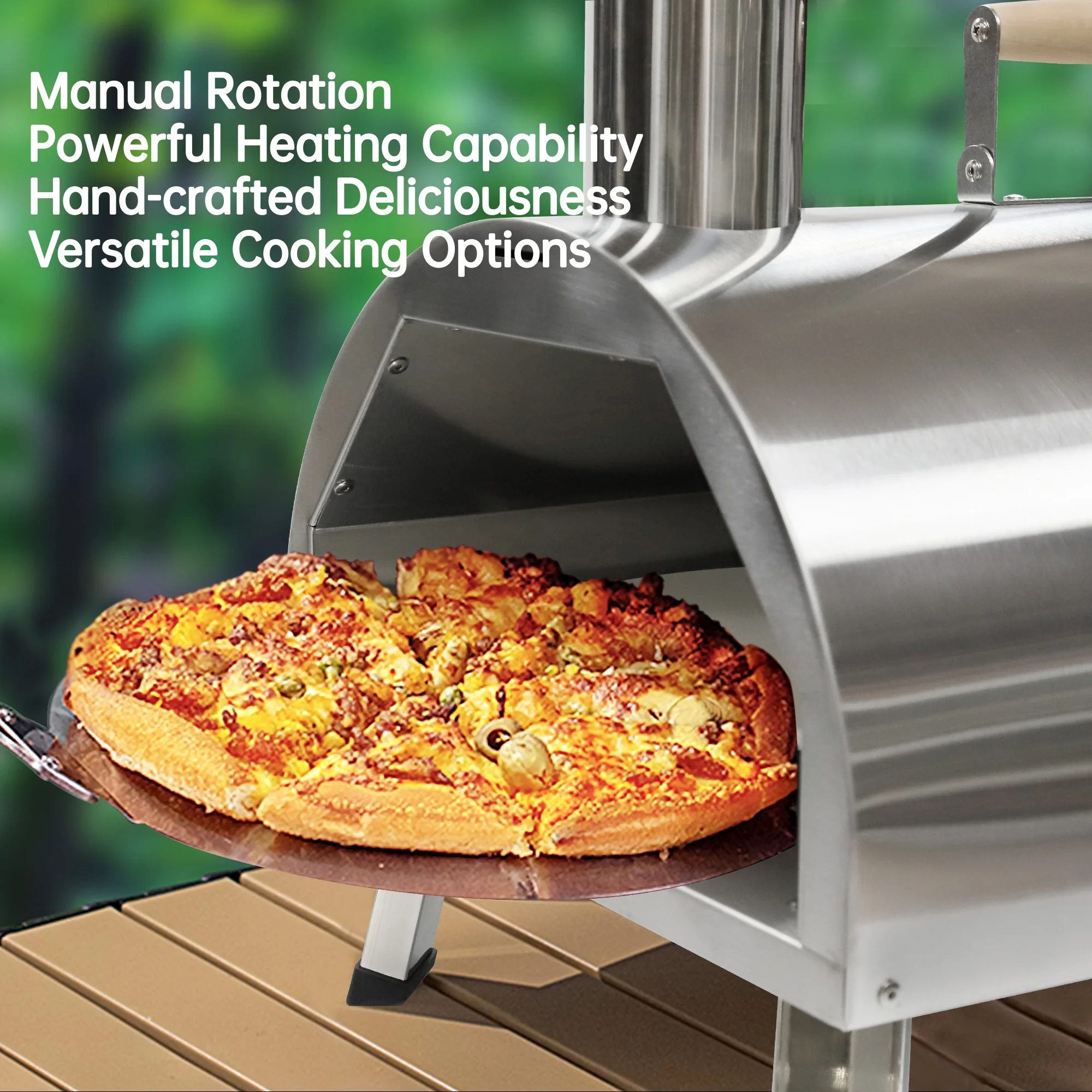 BBQ Utensils Silver Pizza Oven Outdoor 12" Semi-Automatic Rotatable Pizza Ovens Portable Stainless Steel Wood Fired Pizza Oven Pizza Maker with Built-in Thermometer Pizza Cutter Carry Bag,Outdoor Gri