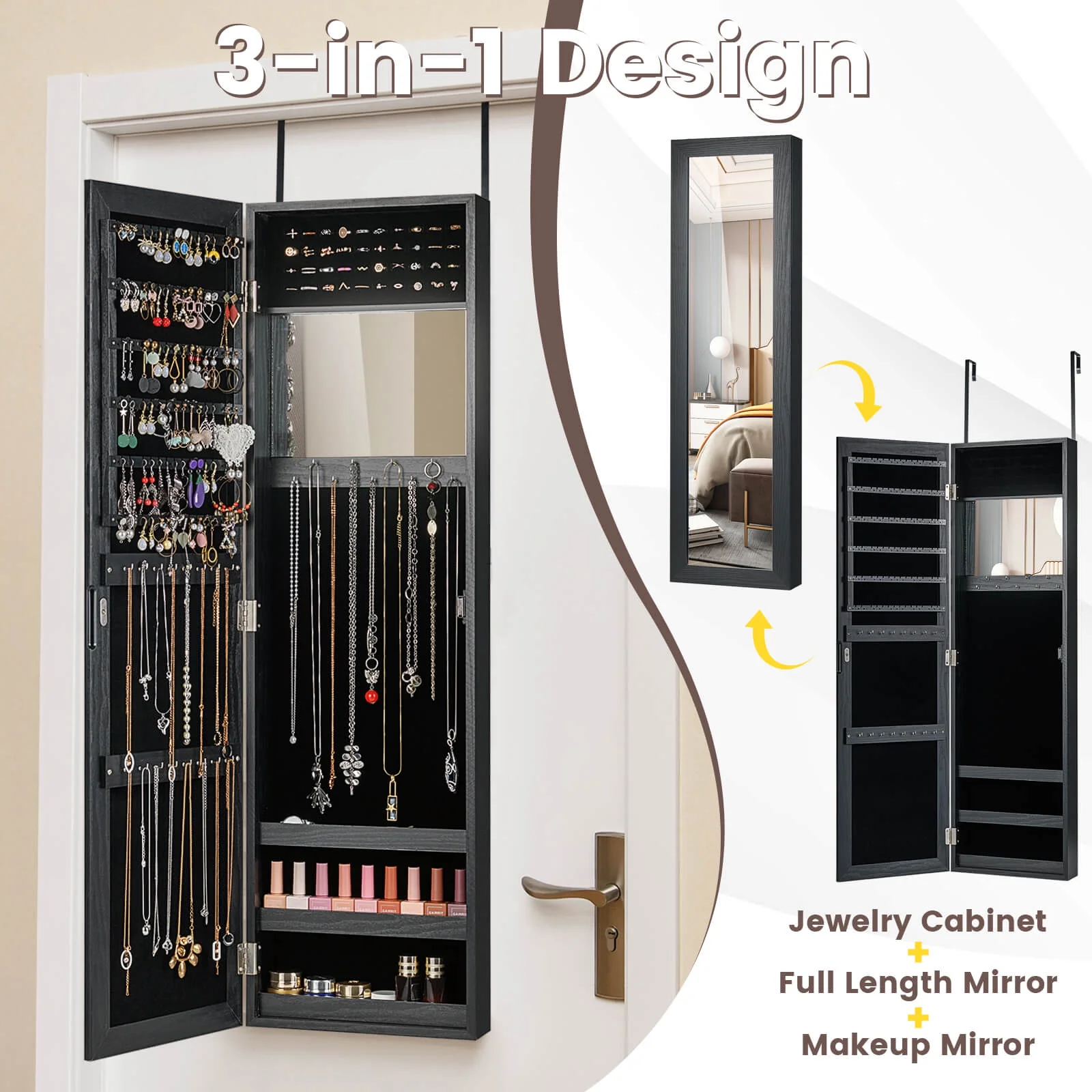 Costway Wall Door Mounted Mirrored Jewelry Cabinet Storage Organizer-Black