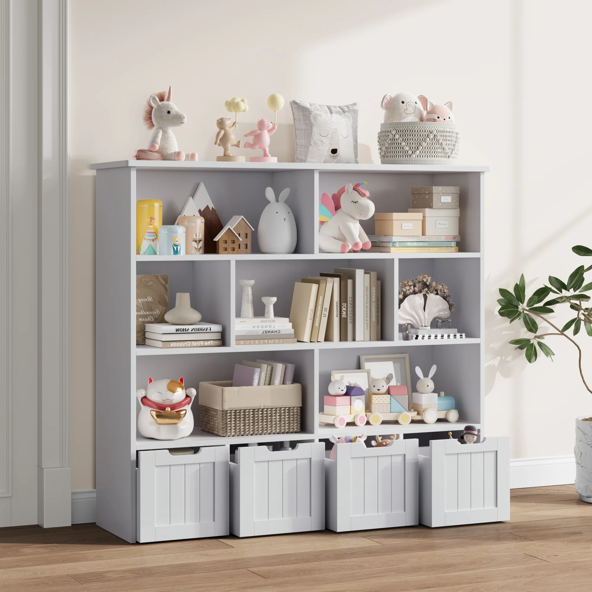 Homfa 7 Cube Toy Storage Organizer, Kids Geometric Bookcase and Bookshelf with 4 Drawers, White
