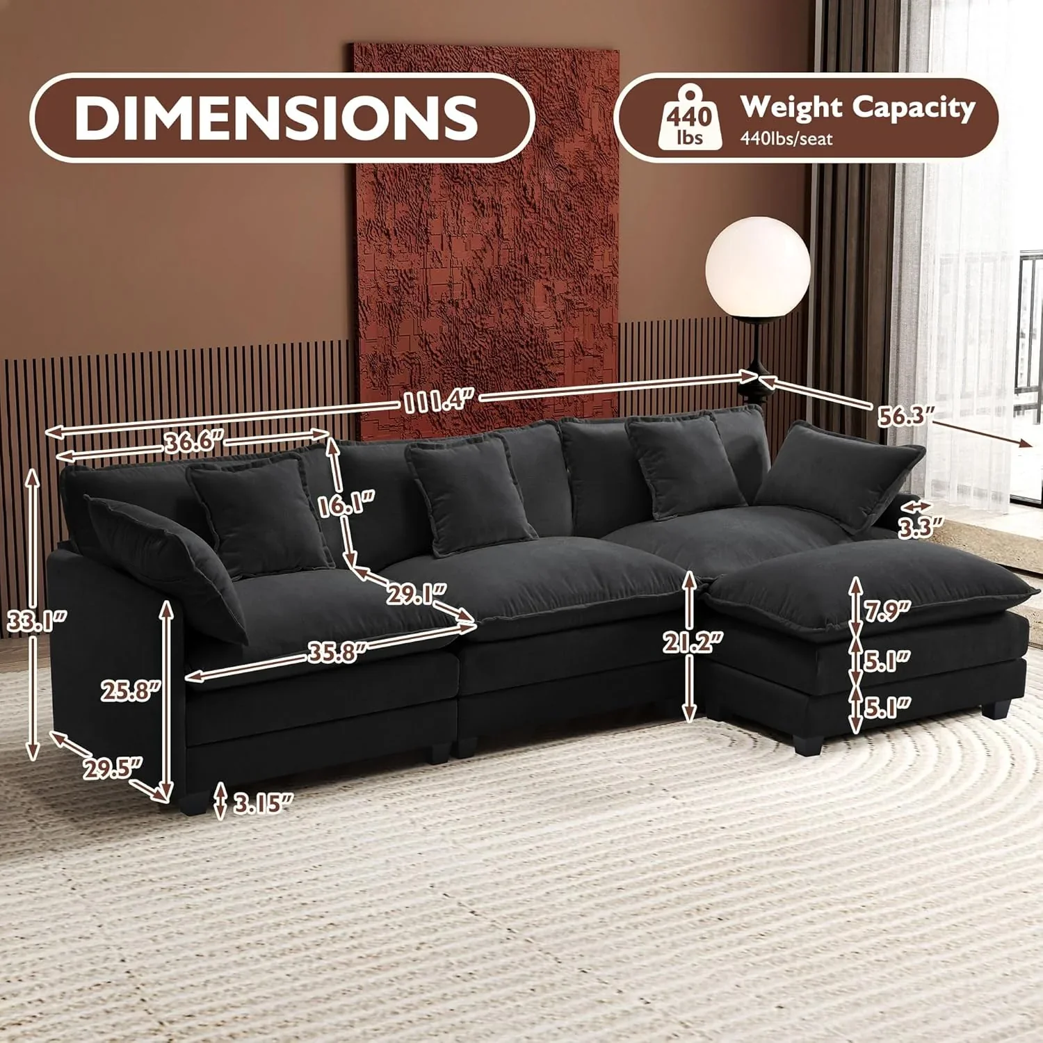Ihanherry 146" U-Shaped Modern Sofa Modular Sectional Cloud Couch with 2 Ottoman, 6-Seat Chenille Deep Seat Sofa with 6 Pillows for Living Room, Bedroom and Apartment, Grey