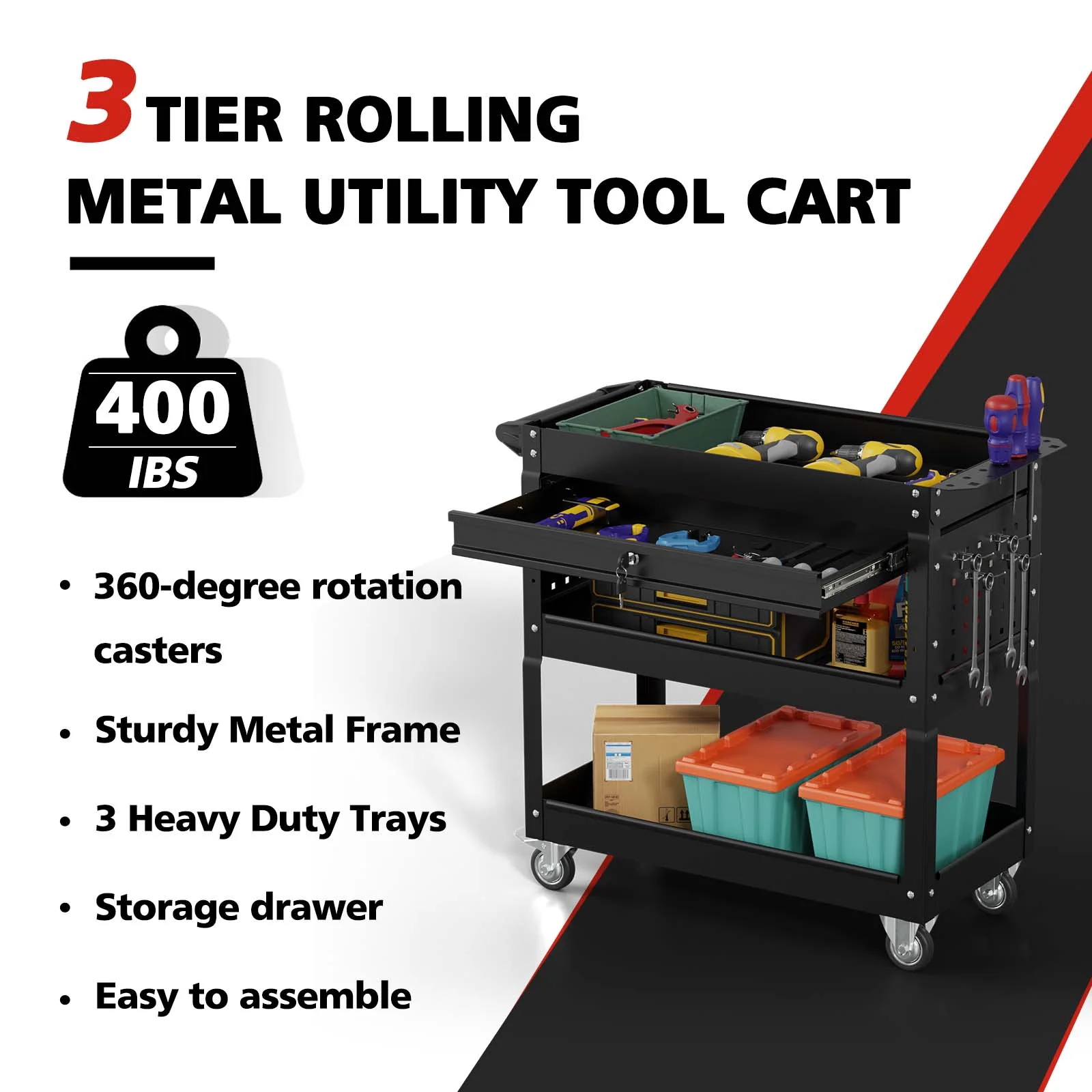 Odaof 4-Wheel Big Rolling Tool Storage Cart with Ball-Bearing Slides for Garage and Warehouse (Orange)