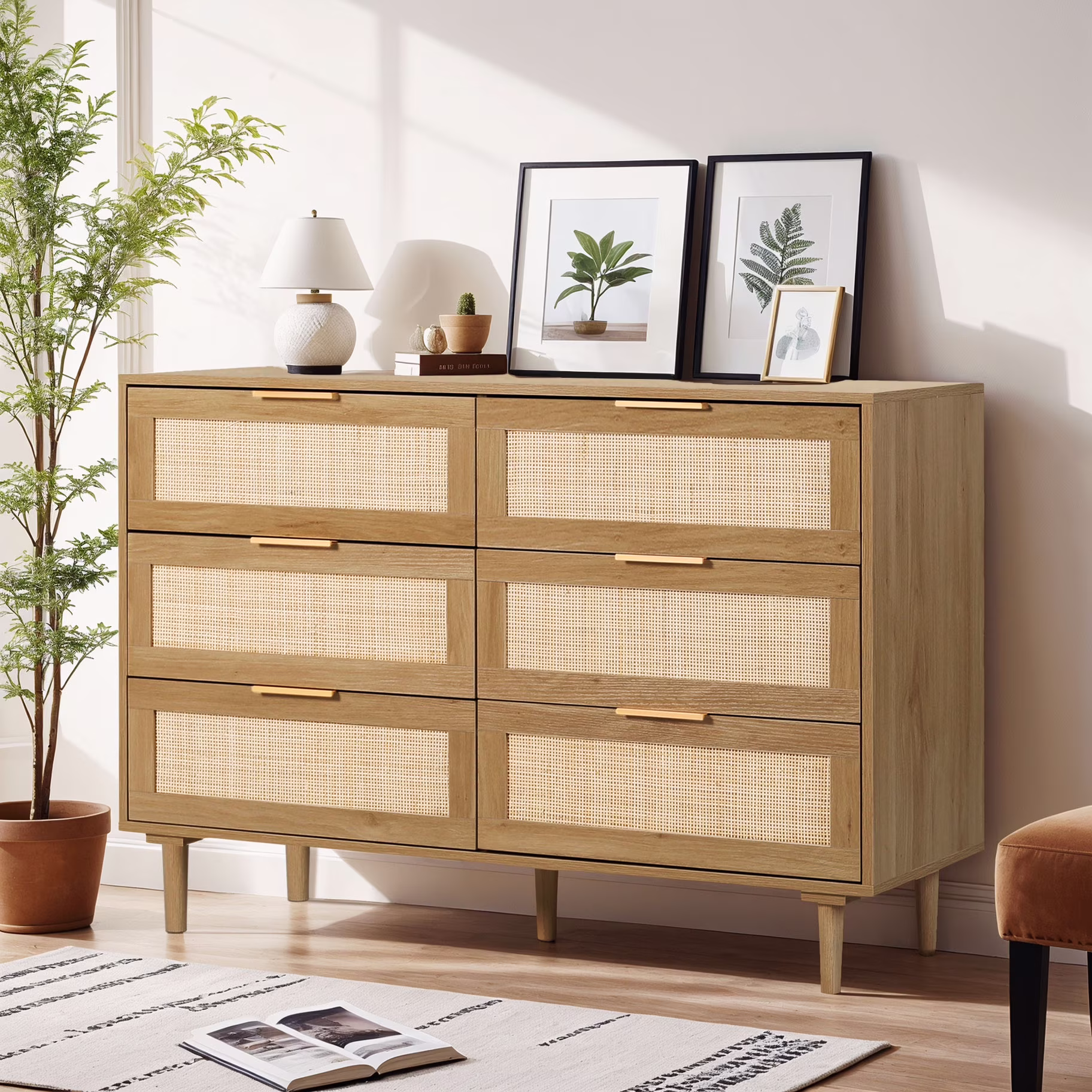 LAZZO 3 Modern Drawer Dresser Rattan, Wooden Dresser Chest of Large Storage Cabinet