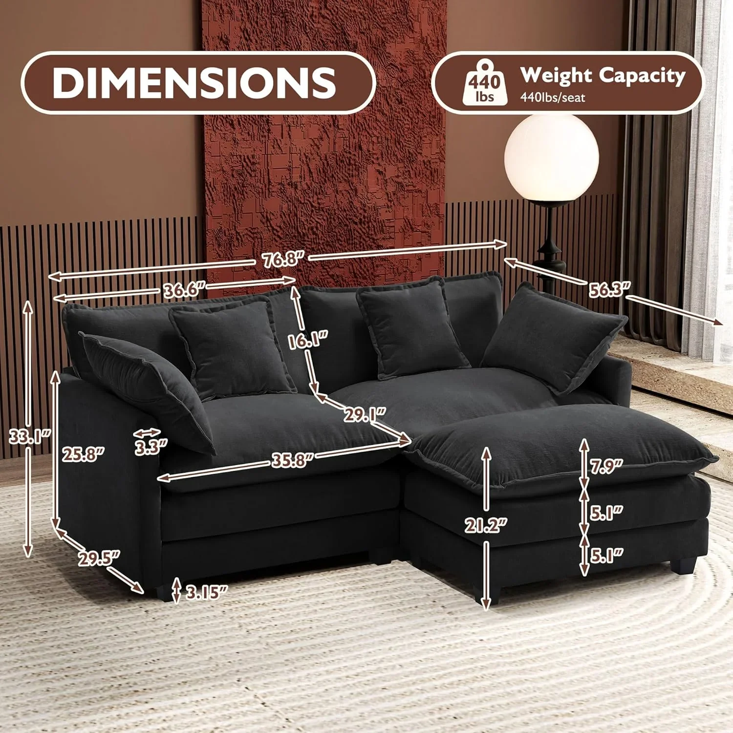 Ihanherry 146" U-Shaped Modern Sofa Modular Sectional Cloud Couch with 2 Ottoman, 6-Seat Chenille Deep Seat Sofa with 6 Pillows for Living Room, Bedroom and Apartment, Grey