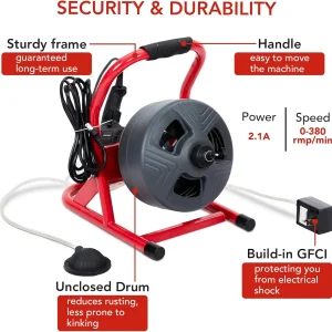 AOILE Drain Cleaning Machine 75Ft x 1/2 in, Electric Drain Auger for 2-4 Inch Pipes with Cutters & Glove