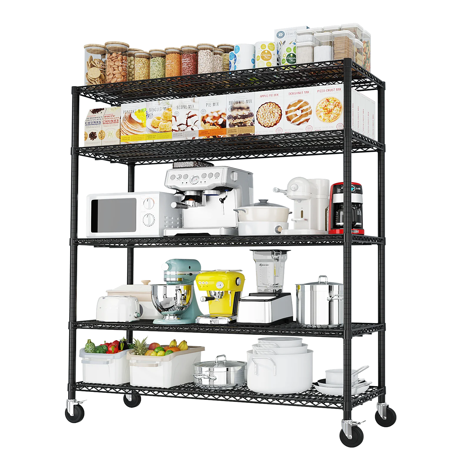 Ktaxon 4 Tier Wire Shelving with Wheels, 46"W x 17.7"D x 65"H Multifunctional Storage Rack Metal Garage Shelves Organizer, Capacity for 800lbs, Black