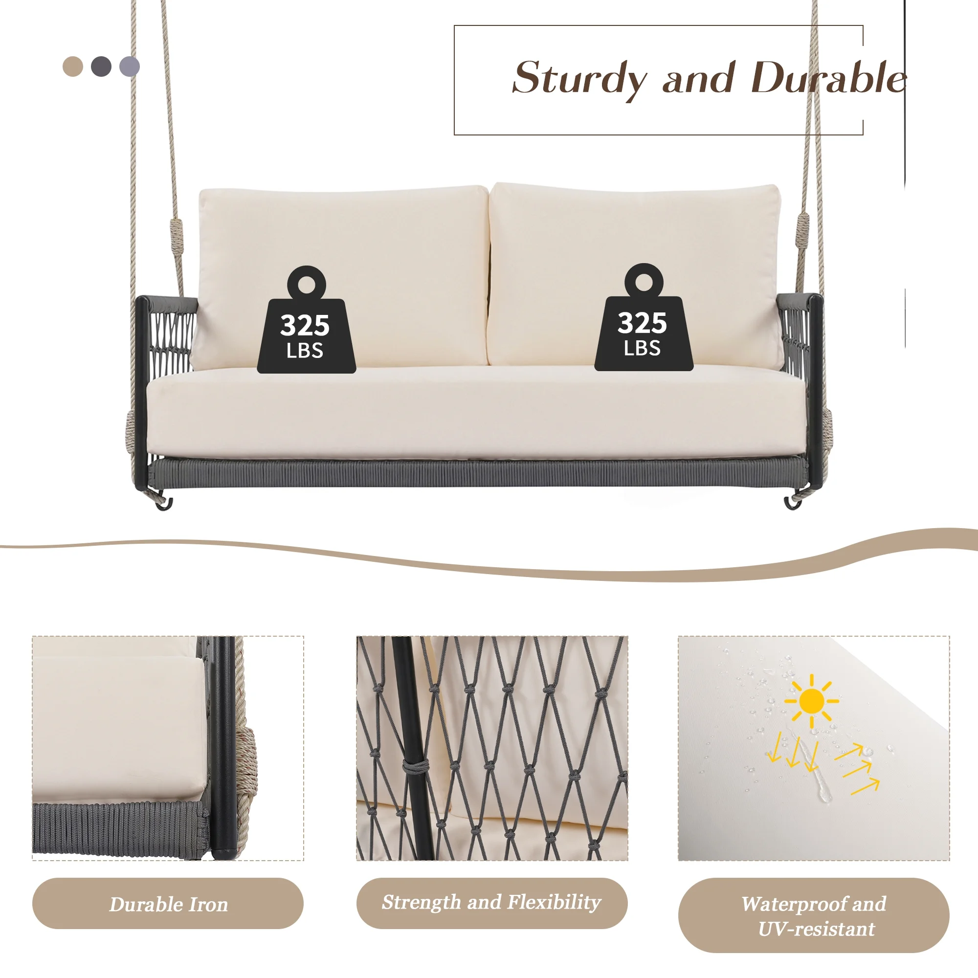 Harper & Bright Designs PE Ratten Porch Swing Chair, 2-Seater Hanging Swing Bench with Chains, All Weather Design Patio Furniture Swing for Backyard Garden Poolside, Grey and White