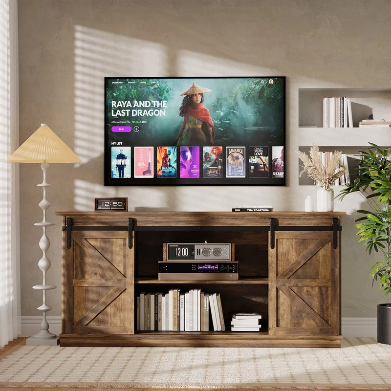 Furmax 65 inch TV Stand Entertainment Center with Sliding Barn Doors and Storage,White
