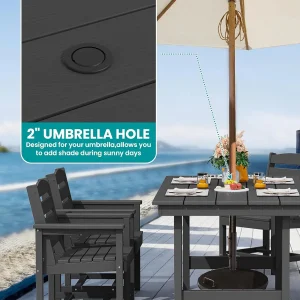 SERWALL 7-Piece Patio Table Set, Outdoor HDPE Dining Furniture with Umbrella Hole, All Weather Table and Chairs for Lawn, Garden, Poolside, Aruba