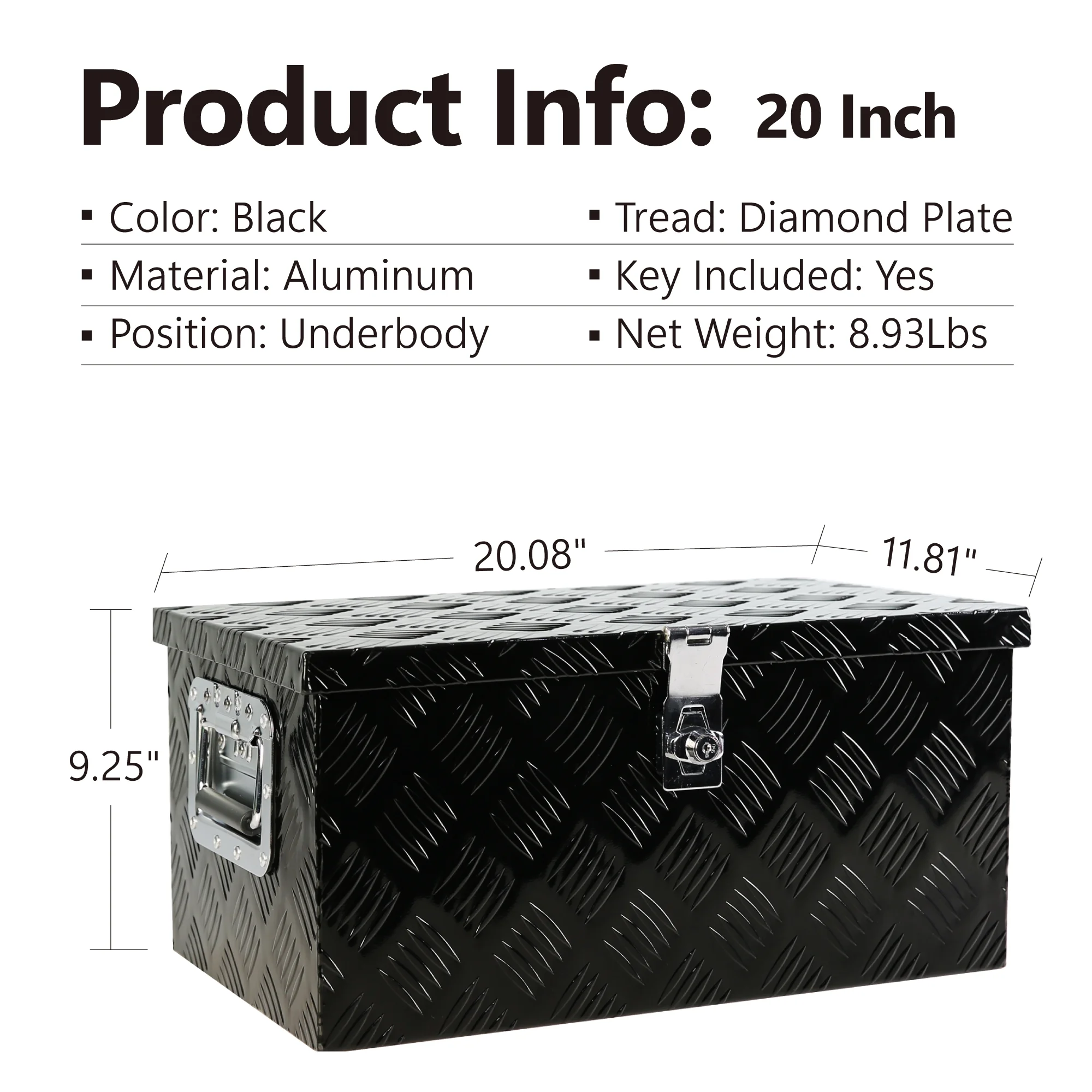 20'' Metal Truck Tool Box, Aluminum Tool Box Storage Organizer for Truck Bed Trailer Pickup ATV, Lockable Tools Underbody Organizer W/Side Handle, Black Anti-collision Design